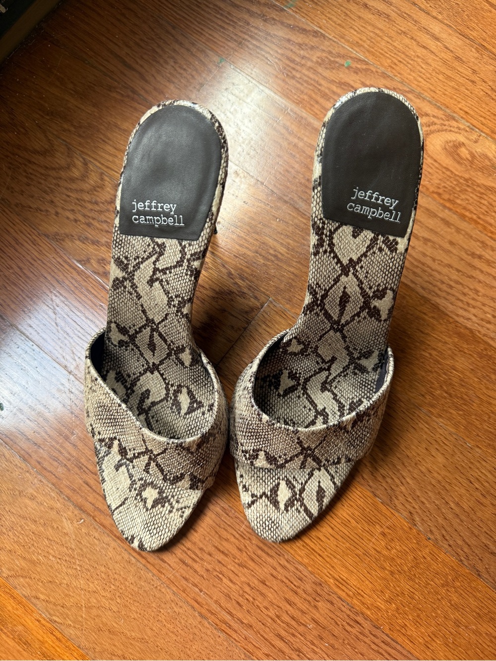 Jeffrey Campbell Snake-Print Slip-On Mules in Beige and Brown